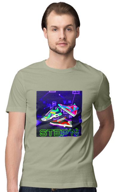 Футболка чоловіча з принтом "Step`n". Віртуальні кросівки, крипта, криптовалюти, нфт, нфт кросівки, солана, степен. 2070702