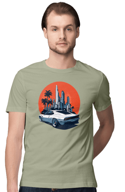 Футболка чоловіча з принтом "Авто". Гонка, захід сонця, спортивний автомобіль, швидкість. 2070702