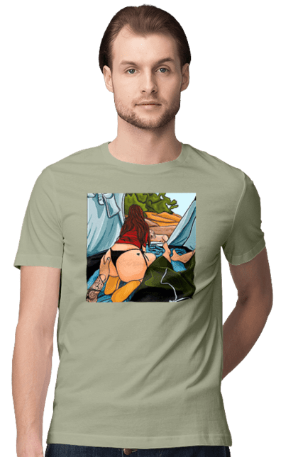 Футболка чоловіча з принтом "Відпочинок З Улюбленою У Палатці". Відпочинок, жопа, палатка, собака. 2070702