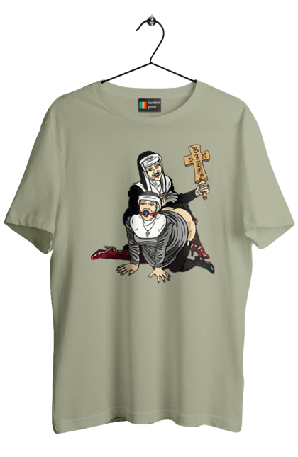 Футболка чоловіча з принтом "Монашки БДСМ". Бдсм, крута, модна, молодіжна, плескає по дупі, рок, рольові ігри, черниці бдсм, черницю, черниця. 2070702