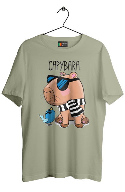 Футболка чоловіча з принтом "Стильна капібара". Капібара, модна капібара, настрій, окуляри, птах, сонячні окуляри, стильна капібара, тварина, шарф у смужку. 2070702