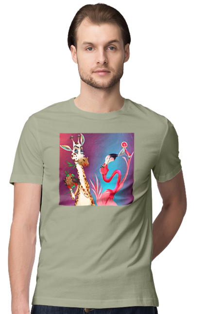Футболка чоловіча з принтом "Жираф І Фламінго На Вечірці". Жираф, їжа, коктейль, фламінго. 2070702
