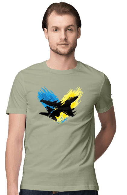 Футболка чоловіча з принтом "Літак F 16". З прапором, зсу, літак, літак f16, патріотична, прапор, ф16. 2070702