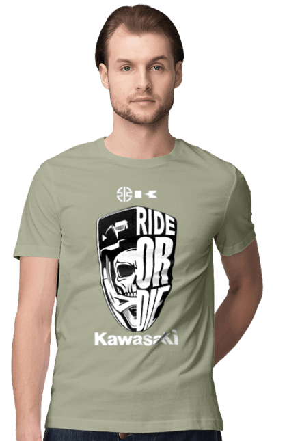 Футболка мужская с принтом Kawasaki. Kawasaki, ride or die, бренд, мотоцикл, спорт, череп. 2070702