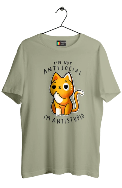 Men`s t-shirt with prints I'm not antisocial, I'm antistupid. Antisocial, antistupid, cat, cynicism, hate, humor, irony, joke, meme, sarcasm. 2070702