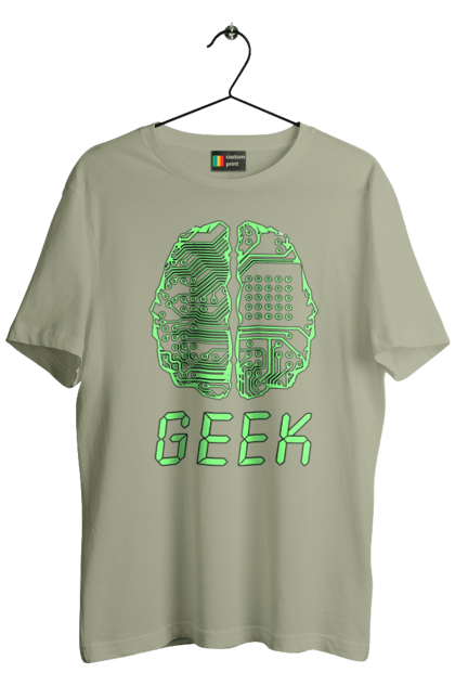Футболка чоловіча з принтом "Гик Мозок Неоновий". Айті, айтішник, гик, друкована плата, зелений, знання, інженер, кібер, кібернетика, кіборг, код, комп, комп’ютерник, кристал, мікросхема, мозок, неон, неоновий, програміст, професіонал, професія, розробник, розум, світиться, світло, чіп. 2070702