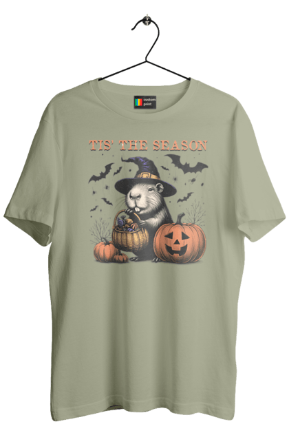 Men's t-shirt with prints Capybara Halloween. Animal, capybara, ghost, halloween, holiday, moon, pumpkin, rodent, witch. 2070702