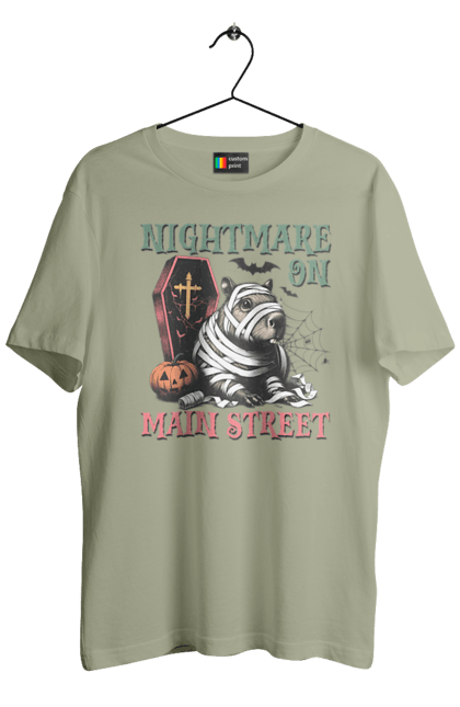 Men's t-shirt with prints Capybara Halloween. Animal, capybara, ghost, halloween, holiday, moon, mummy, pumpkin, rodent. 2070702