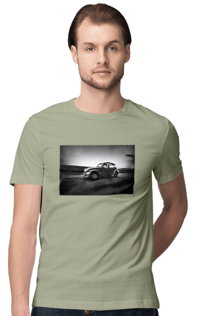 Футболка чоловіча з принтом "Ретро машина чб". Авто, ретро, ретро машина, чорно біла машина. 2070702