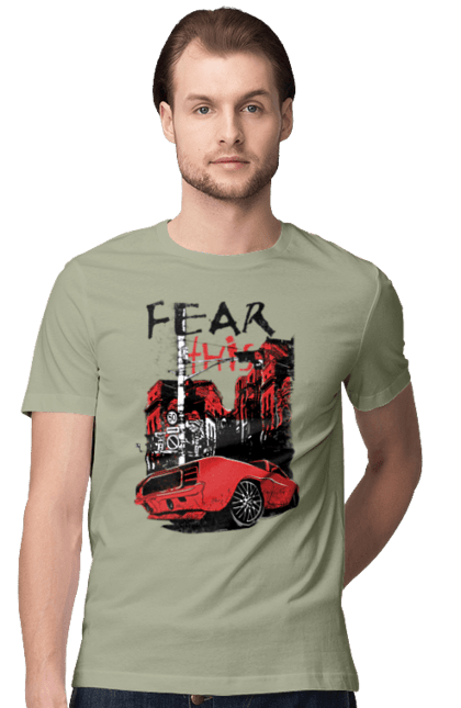 Футболка чоловіча з принтом "Червона Машина В Місті". Їзда, машина, місто. 2070702