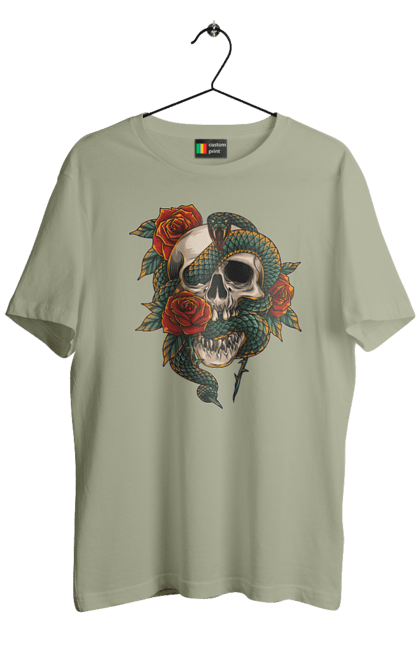 Men's t-shirt with prints Skull with a snake. Bones, flowers, roses, scales, scull, snake, spikes, teeth. 2070702