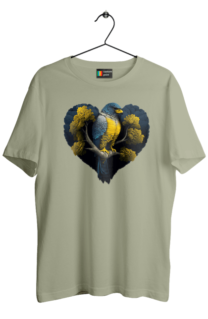 Men`s t-shirt with prints Blue and yellow falcon. Falcon, flag of ukraine, heart, symbol of ukraine, tree, ukraine. 2070702
