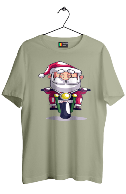 Футболка чоловіча з принтом "Щасливий Санта на мотоциклі". 2022, дід мороз, зима, мотоцикл, новий рік, різдво, санта, сніг. 2070702