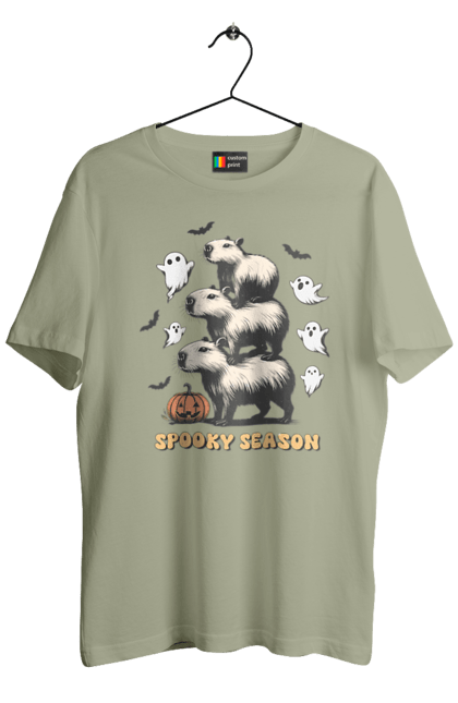 Men's t-shirt with prints Capybara Halloween. Animal, capybara, ghost, halloween, holiday, moon, pumpkin, rodent. 2070702