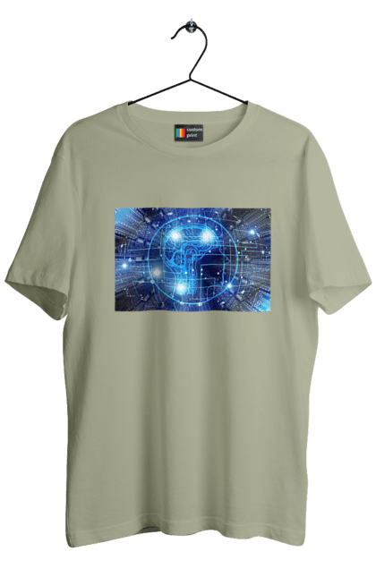 Футболка чоловіча з принтом "Штучний інтелект". Айті, айтішник, гік, знання, інженер, інтелект, кібер, кібернетика, кіборг, код, комп, комп`ютерник, кристал, машинне навчання, мікросхема, мозок, портрет, програміст, професіонал, професія, розробник, розум, хакер, чіп, штучний інтелект, штучний розум. 2070702