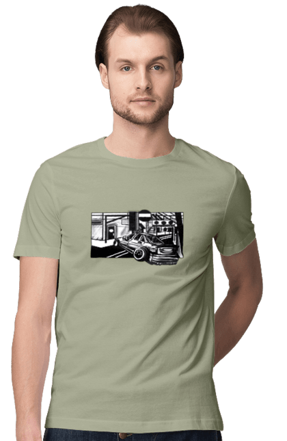 Men`s t-shirt with prints Dangerous Car on the roads of the streets. Black and white, car, dangerous, fast, machine, race. 2070702
