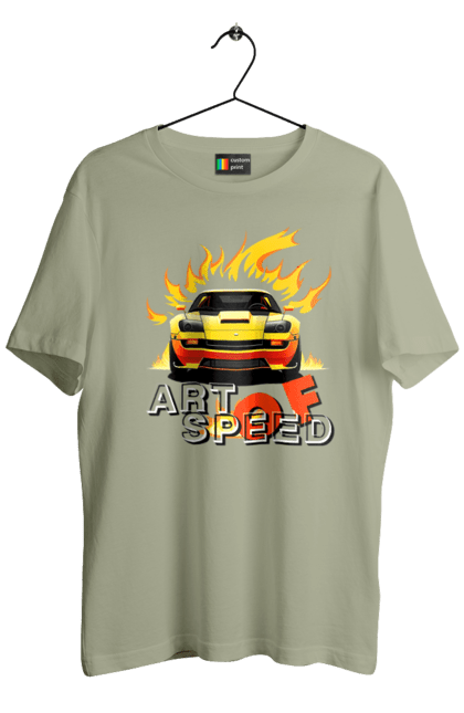 Футболка чоловіча з принтом "Машина у вогні". Автомобіль, вогонь, спортивна машина, спортивний автомобіль, швидкість. 2070702