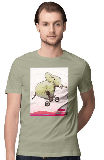 Футболка мужская с принтом Слон На Мотоцикле. Мотоцикл, полет, слон. 2070702