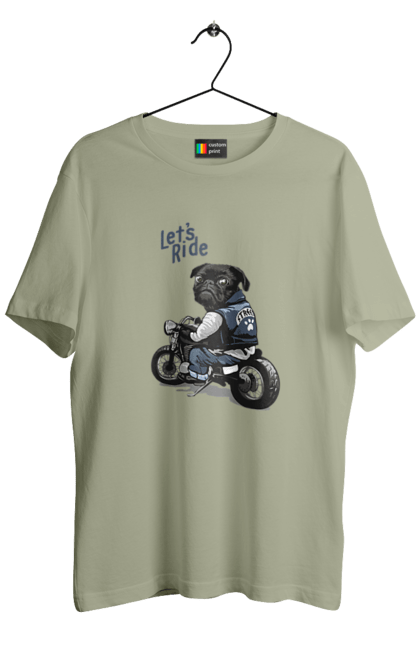 Футболка чоловіча з принтом "Мопс на мотоциклі". Байкер, мопс, мотоцикл, собака, тварини. 2070702