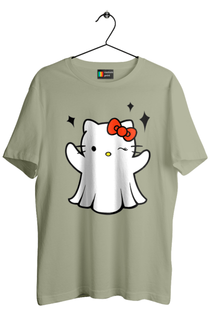 Футболка мужская с принтом Хелло Китти Хэллоуин. Ghost, halloween, hello kitty, бренд, кот, котенок, персонаж, привидение, хелло китти, хэллоуин. 2070702