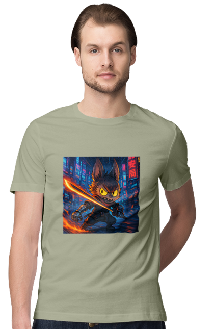 Men`s t-shirt with prints Labubu. Action, animestyle, cyberninja, cyberpunk, eyes that shine, katana, labubu, neon city, sword. 2070702