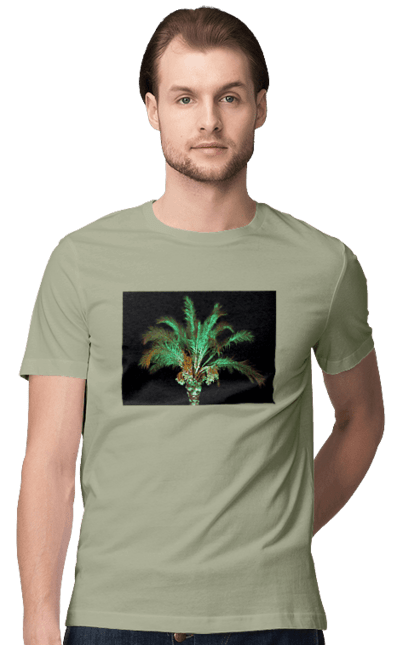 Футболка чоловіча з принтом "Фінікова Пальма Вночі". Берег, відпочинок, відпустка, зелений, море, ніч, оазис, океан, острів, пальма, південь, подорож, пригоди, тропіки, фінікова, чорне. 2070702
