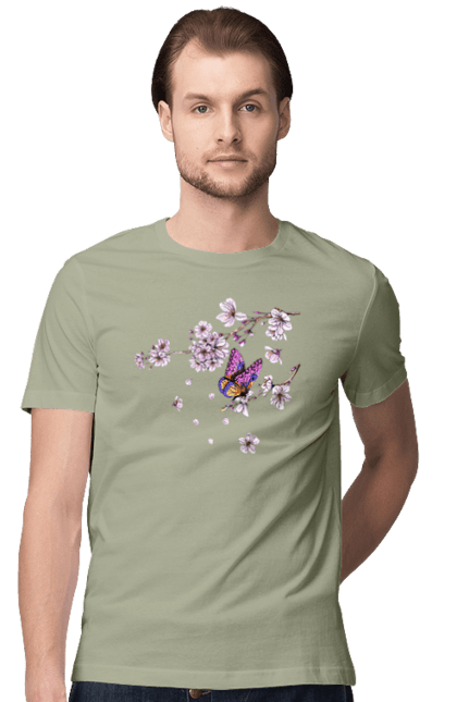 Men`s t-shirt with prints Butterfly And Sakura. Butterfly, sakura, spring, wood. 2070702