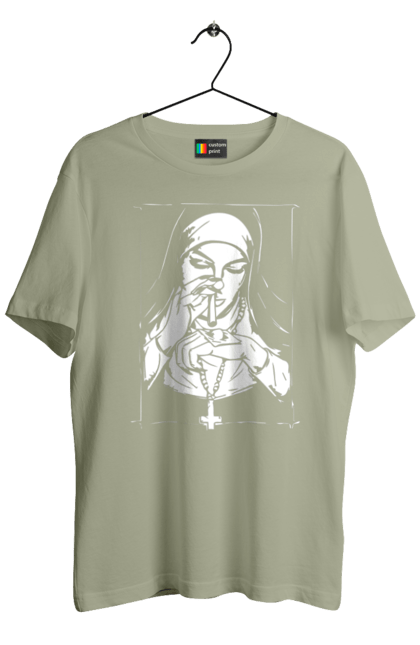 Men`s t-shirt with prints The nun sniffs the powder. Cool, cross, fashionable, nun, popular. 2070702