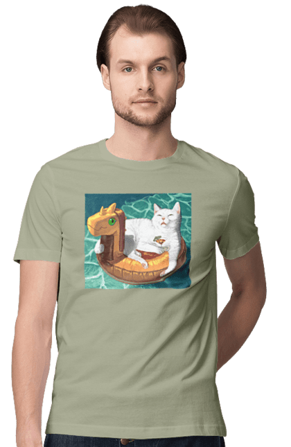 Футболка чоловіча з принтом "Білий кіт у плавальному колі, на відпочинку". Басейн, відпочинок, кіт, коктейль, море, плавальний круг. 2070702