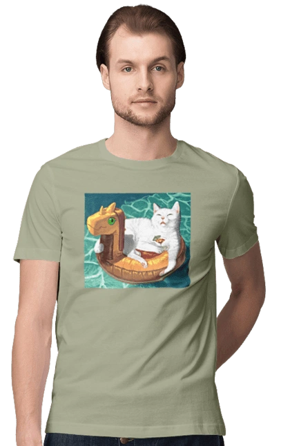 Білий кіт у плавальному колі, на відпочинку