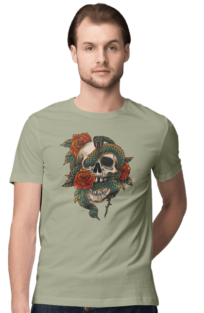 Men's t-shirt with prints Skull with a snake. Bones, flowers, roses, scales, scull, snake, spikes, teeth. 2070702