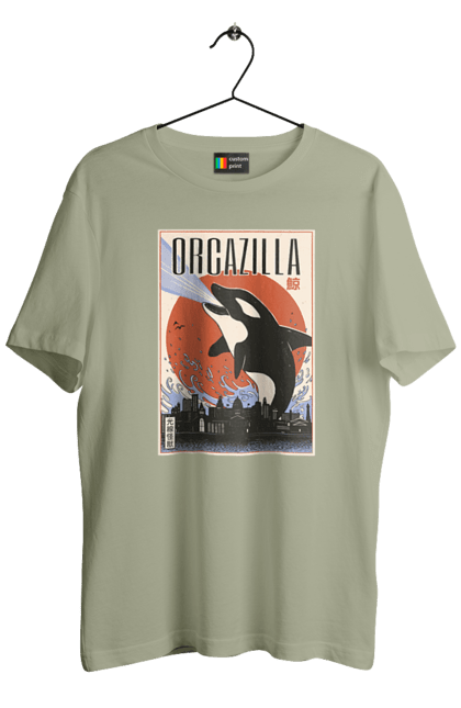 Men's t-shirt with prints Orcazilla. Cartoon style design, graphic, japan print, japanese, japanese art, japanese poster, japanese poster orca, ocean wildlife, orca, orcazilla. 2070702