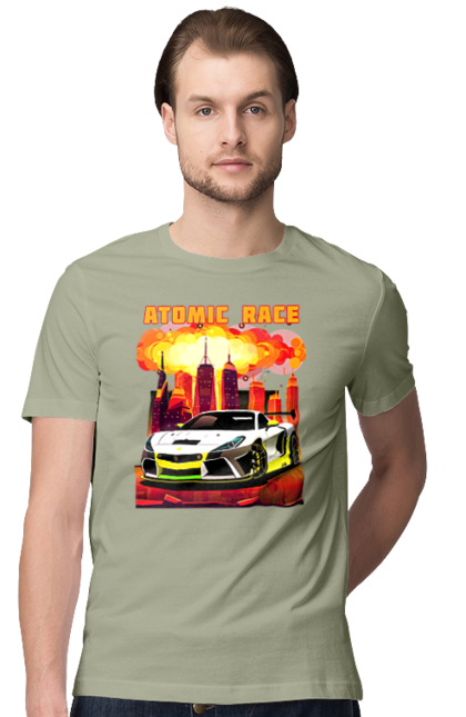 Футболка чоловіча з принтом "Атомна гонка". Авто, автомобіль, атомні перегони, гонки, гоночні машини, спортивна машина, спорткар. 2070702
