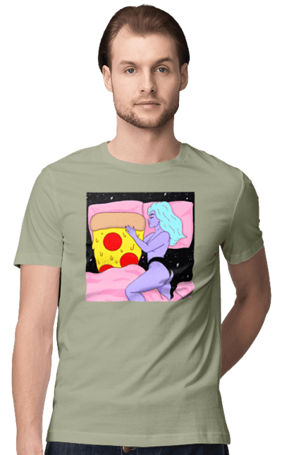 Футболка чоловіча з принтом "Фіолетова Дівчина І Піца". Дівчина, ліжко, піца. 2070702