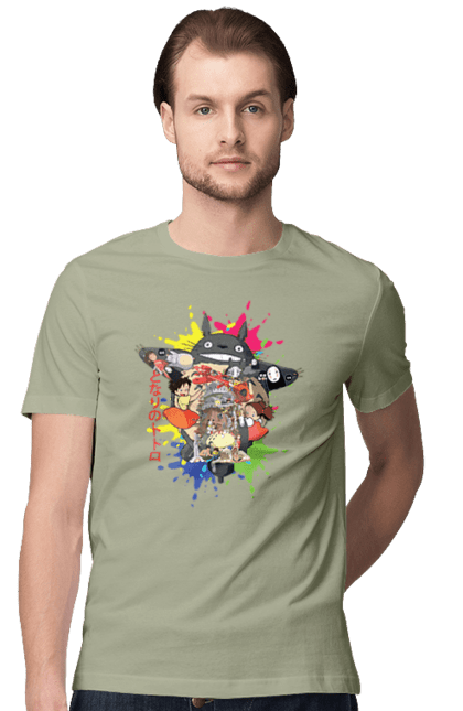 Men's t-shirt with prints Totoro. Adventures, anime, comedy drama, fantasy, film, my neighbor totoro, tv series. 2070702