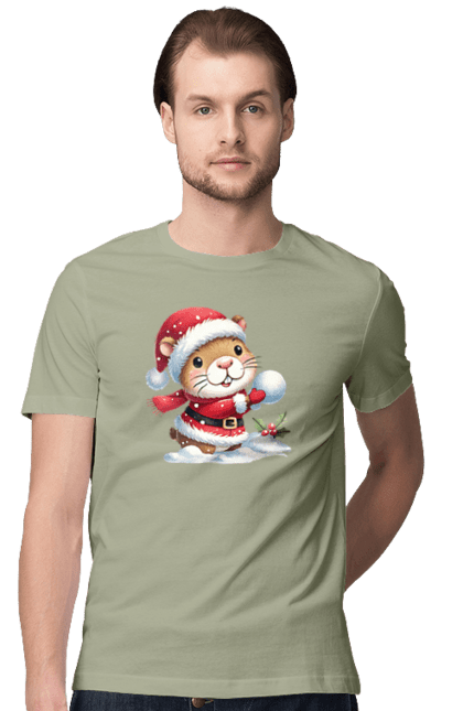 Men's t-shirt with prints Capybara playing snowballs. Animal, capybara, christmas, christmas capybara, game, gift, holiday, new year, santa, snowballs. 2070702