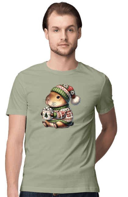 Men's t-shirt with prints Capybara with hot chocolate. Animal, capybara, christmas, christmas capybara, gift, holiday, hot chocolate, new year, santa. 2070702