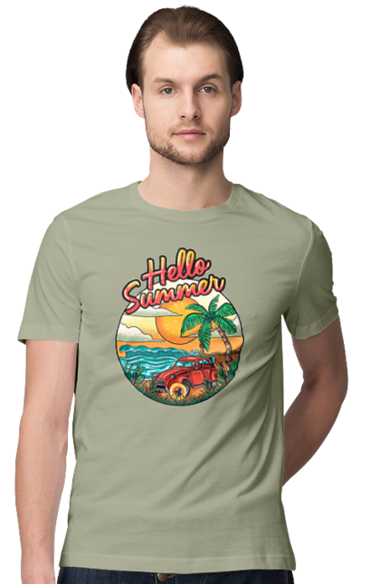 Футболка чоловіча з принтом "Привіт Літо, Машина Біля Моря". Літо, машина, острів, пальма, пляж. 2070702