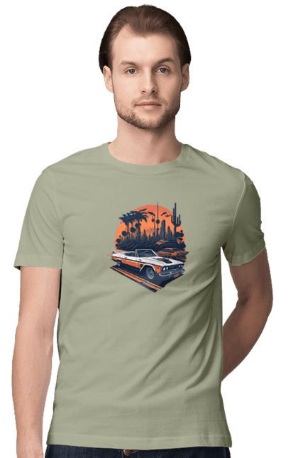 Футболка чоловіча з принтом "Гарне авто на закаті". Авто, закат, захід сонця, солнце, сонце. 2070702