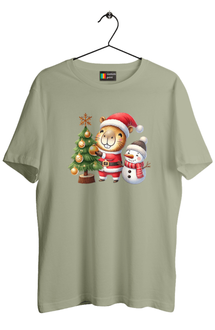 Men's t-shirt with prints Christmas Capybara with a Tree. Animal, capybara, christmas, christmas capybara, christmas tree, gift, holiday, new year, new year`s gift, santa. 2070702