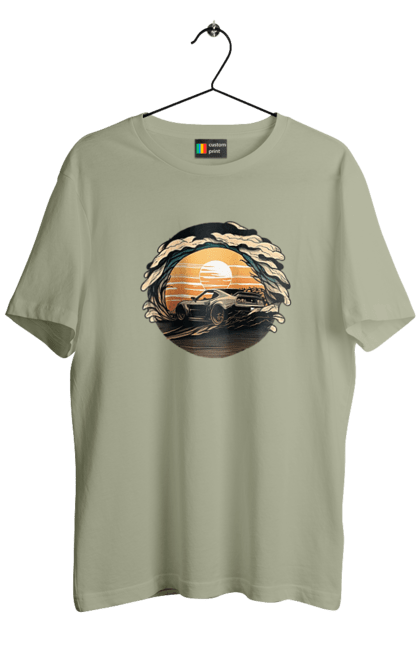 Футболка чоловіча з принтом "Додж на заході сонця". Авто, автомобіль, додж, машина, машини. 2070702