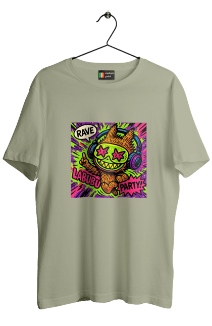 Men`s t-shirt with prints Labubu. Comicstyle, evening, graphite, headphones, labubu, neon, popart, rave, stars and stars, vulichne mystetstvo. 2070702