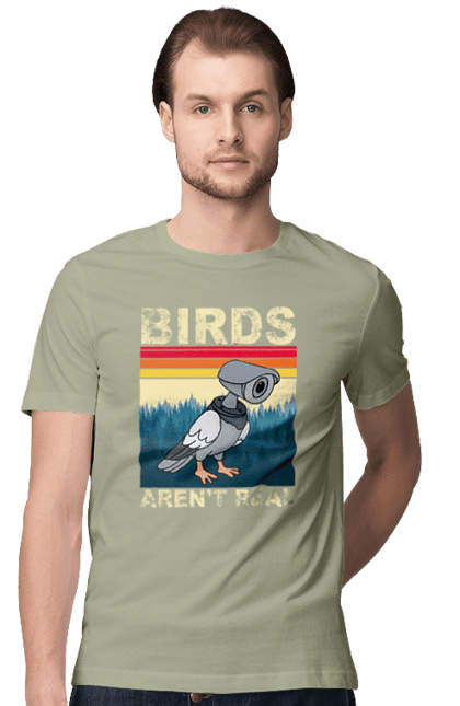 Men's t-shirt with prints Birds aren't real. Bird, camcorder, camera, conspiracy, pigeon, reality, surveillance. 2070702