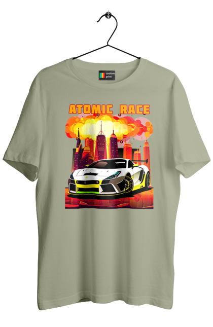 Футболка чоловіча з принтом "Атомна гонка". Авто, автомобіль, атомні перегони, гонки, гоночні машини, спортивна машина, спорткар. 2070702