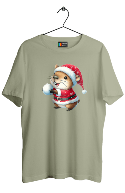 Men's t-shirt with prints Capybara playing snowballs. Animal, capybara, christmas, christmas capybara, game, gift, holiday, new year, santa, snowballs. 2070702