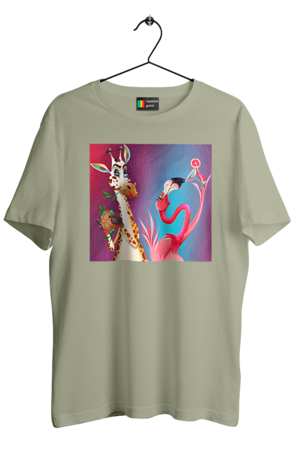 Футболка чоловіча з принтом "Жираф І Фламінго На Вечірці". Жираф, їжа, коктейль, фламінго. 2070702