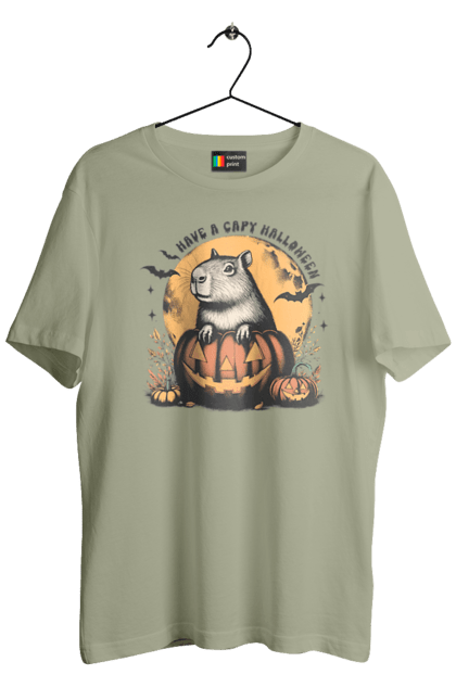 Men's t-shirt with prints Capybara Halloween. Animal, capybara, halloween, holiday, moon, pumpkin, rodent. 2070702