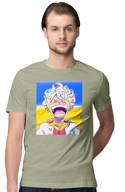 Футболка чоловіча з принтом "Монкі д Луффі сміється на жовто блактному фоні". Ван піс, луффі, монкі д. луффі, прапор україни, символ україни, україна. 2070702