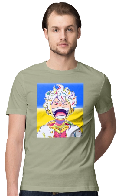 Monkey D Luffy laughing on a yellow blue background