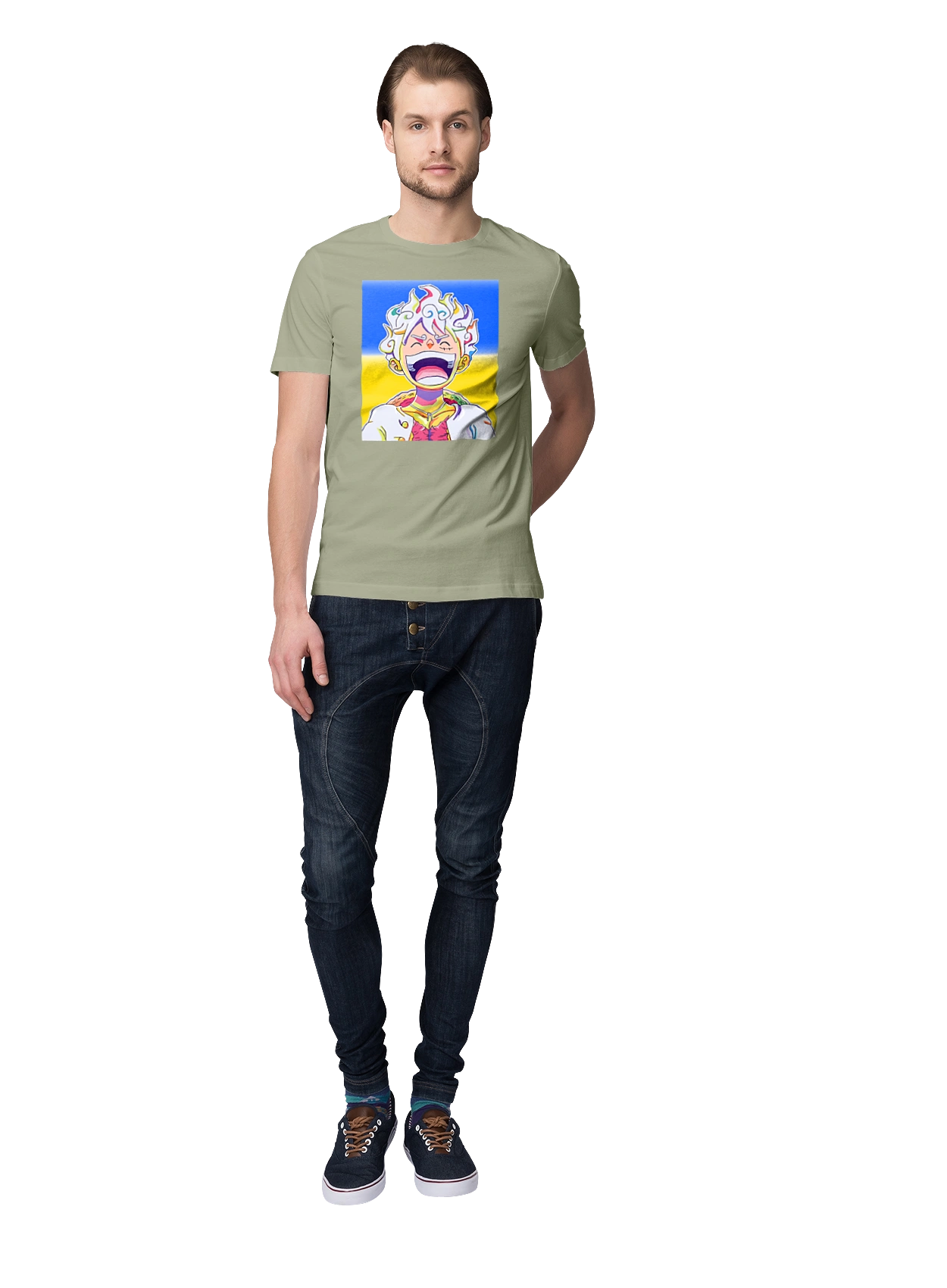 Monkey D Luffy laughing on a yellow blue background